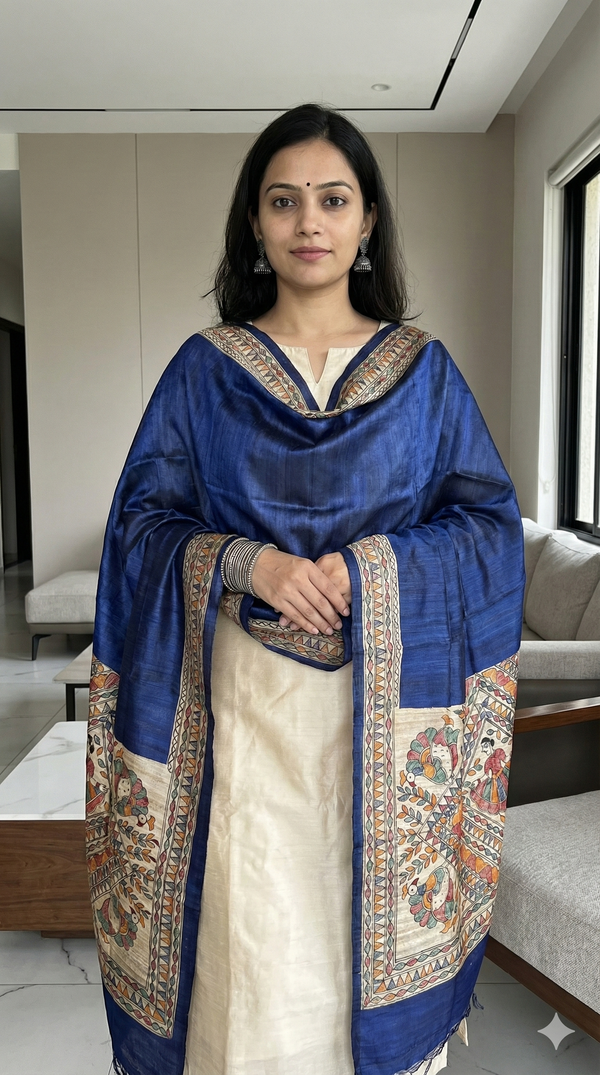 Hand-Painted Madhubani Women & Bird Motif Royal Blue Tussar Ghicha Silk Dupatta