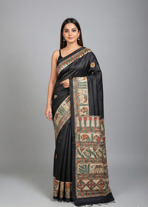 Hand-Painted Madhubani Saree with Elephant and Fish Motifs