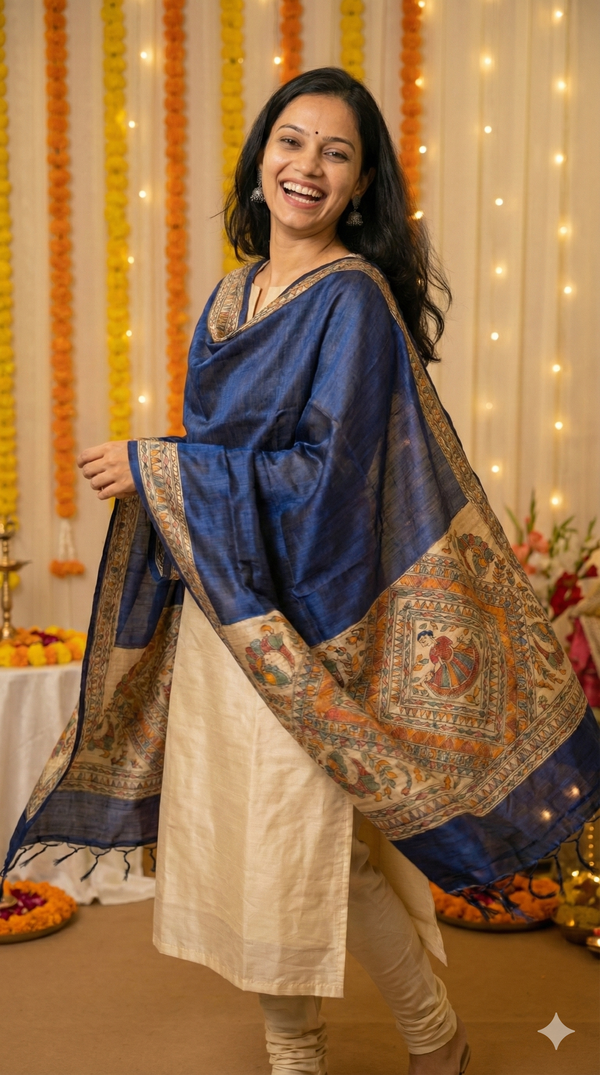 Hand-Painted Madhubani Women & Bird Motif Royal Blue Tussar Ghicha Silk Dupatta