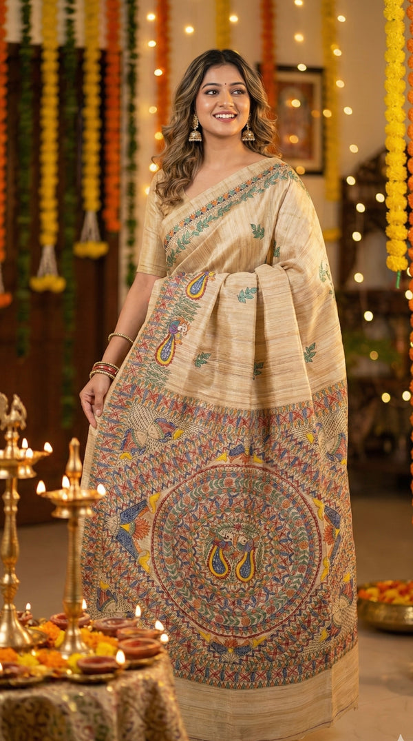 Hand-Painted Madhubani Saree with Peacock and Bird Motifs