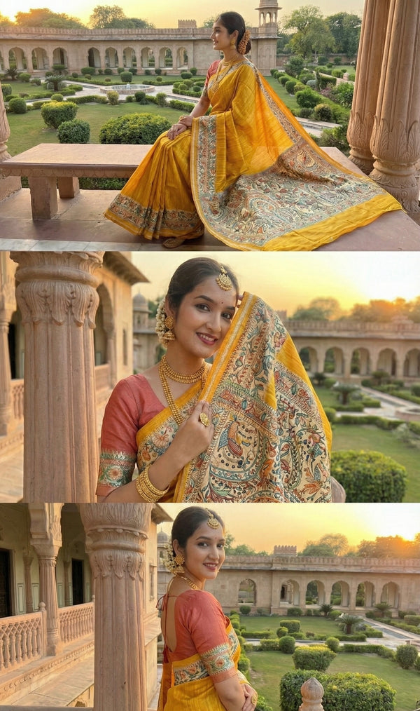 Hand-Painted Madhubani Saree with Peacock, Floral, and Geometric Motifs