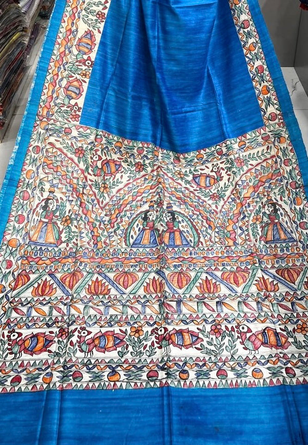 Hand-Painted Madhubani Saree with Mithila Vivaah, Fish, and Floral Motifs